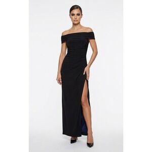Adrianna Papell Black Matte Jersey Off Shoulder Ruched Gown Dress AD3D105292 6